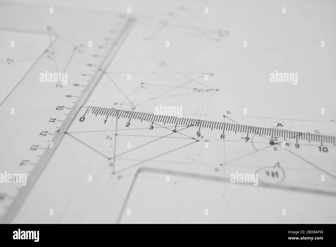 Technical drawing with rulers, set square, triangle, papers Stock Photo Alamy