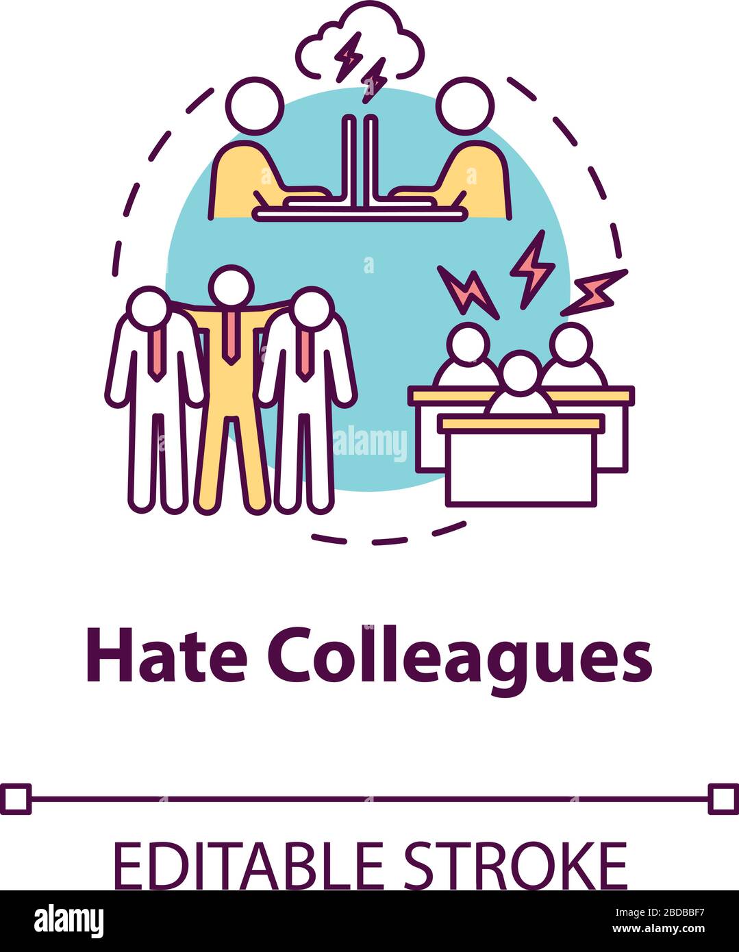 Hate colleagues concept icon. Problems at workplace. Displeased with coworkers. Burnout cause idea thin line illustration. Vector isolated outline RGB Stock Vector