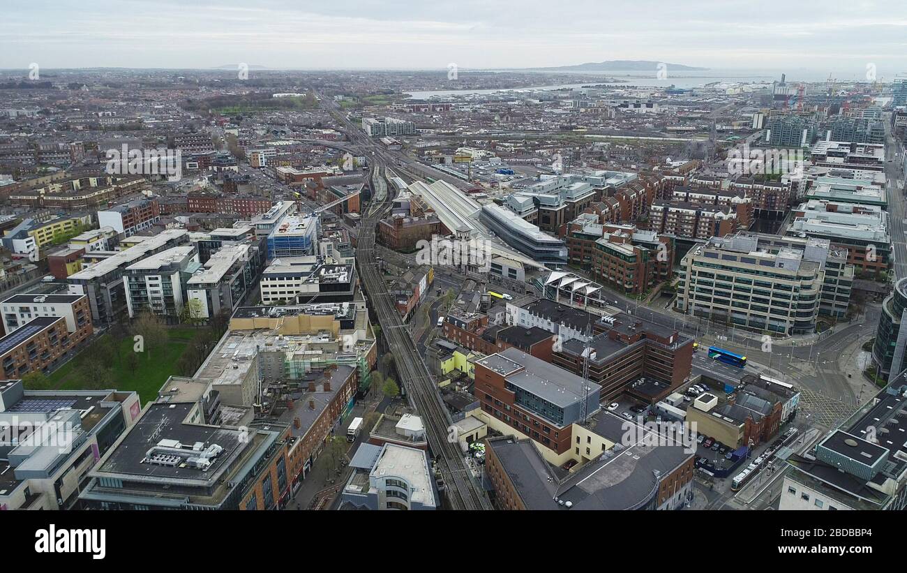 Dublin, Ireland - April 3, 2020: aerial view of normally bustling streets in the city centre now practically deserted due to Covid-19 restrictions. Stock Photo