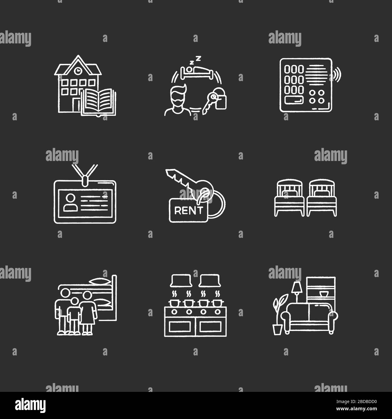 Renting chalk white icons set on black background. Family dormitory ...