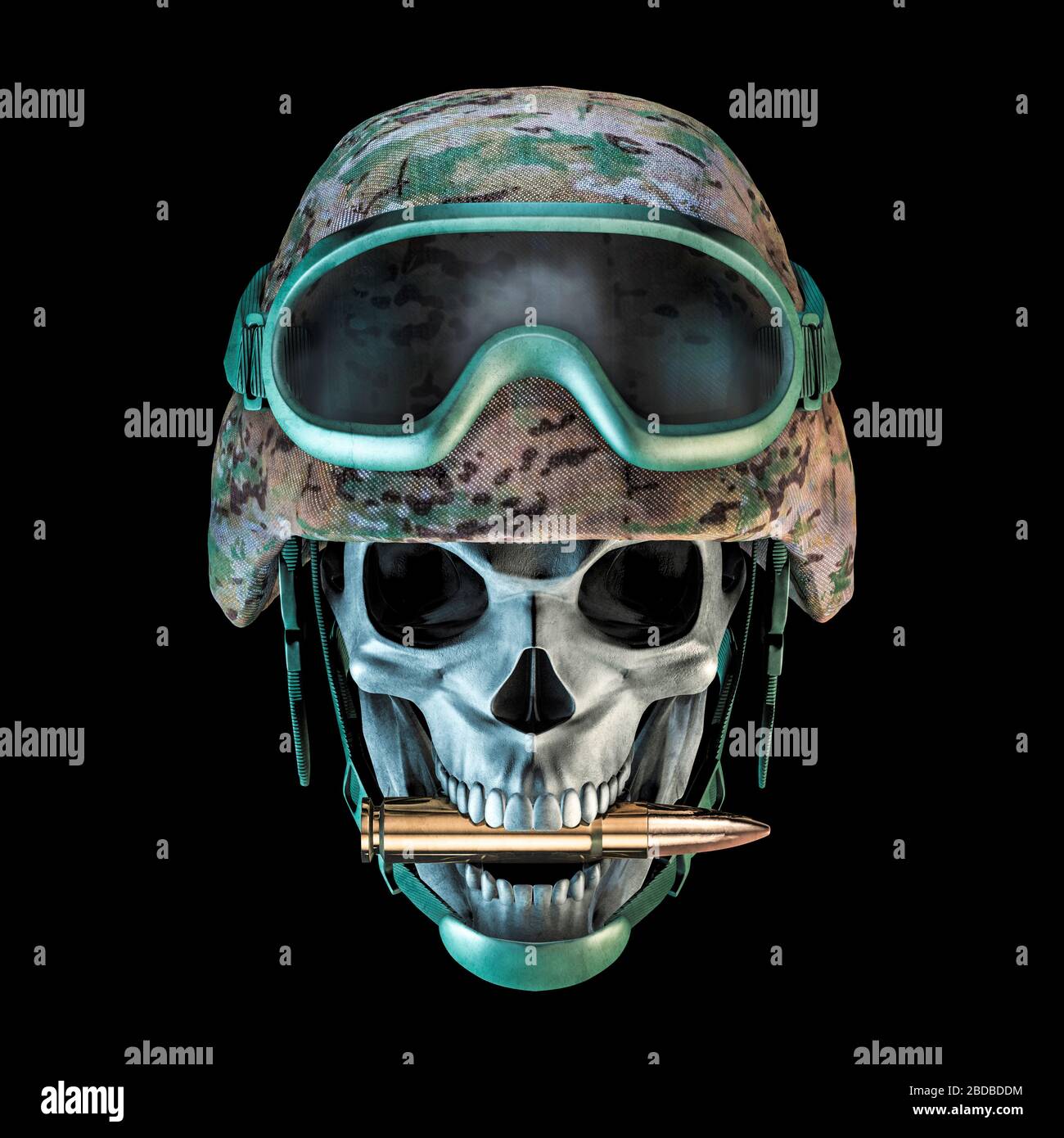 Bite the bullet army skull / 3D illustration of grungy military soldier skull wearing helmet and goggles biting rifle bullet Stock Photo