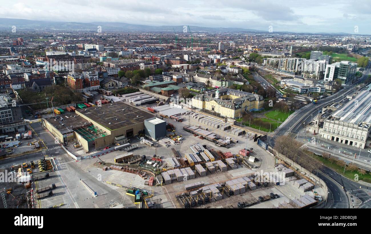 Dublin, Ireland - April 3, 2020: aerial view of normally bustling streets in the city centre now practically deserted due to Covid-19 restrictions. Stock Photo