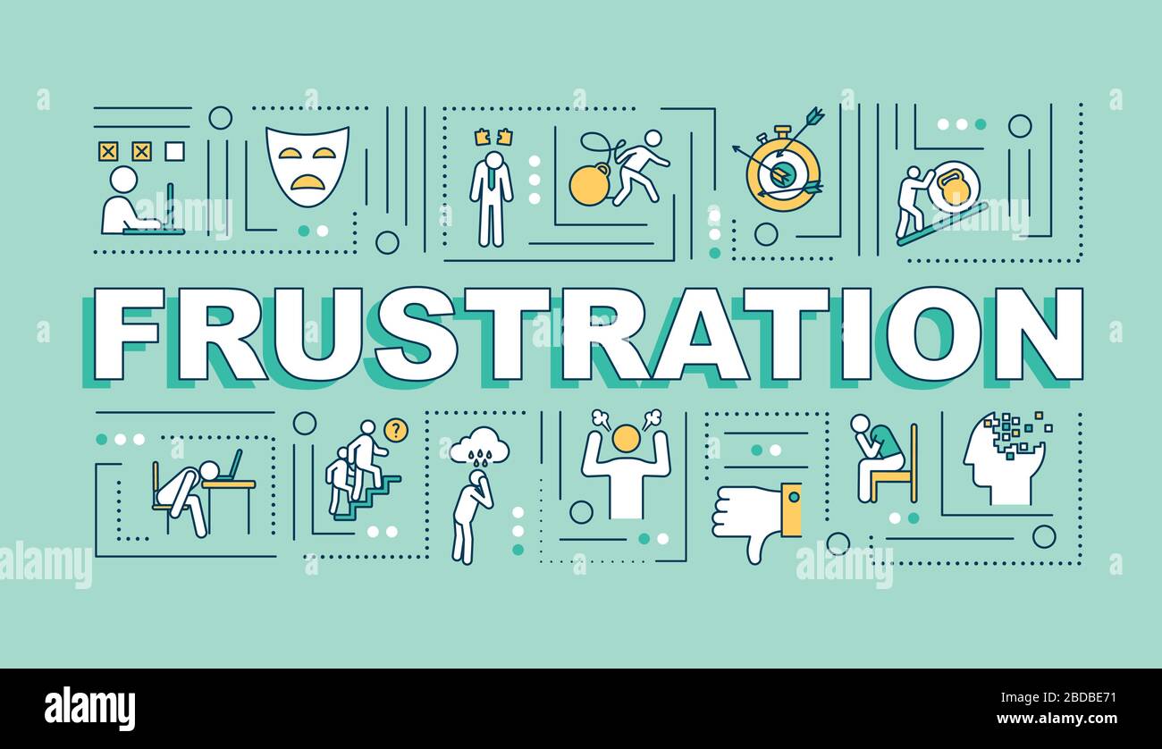 Frustration word concepts banner. Failure. Feeling helpless. Negative attitude. Infographics with linear icons on green background. Isolated Stock Vector