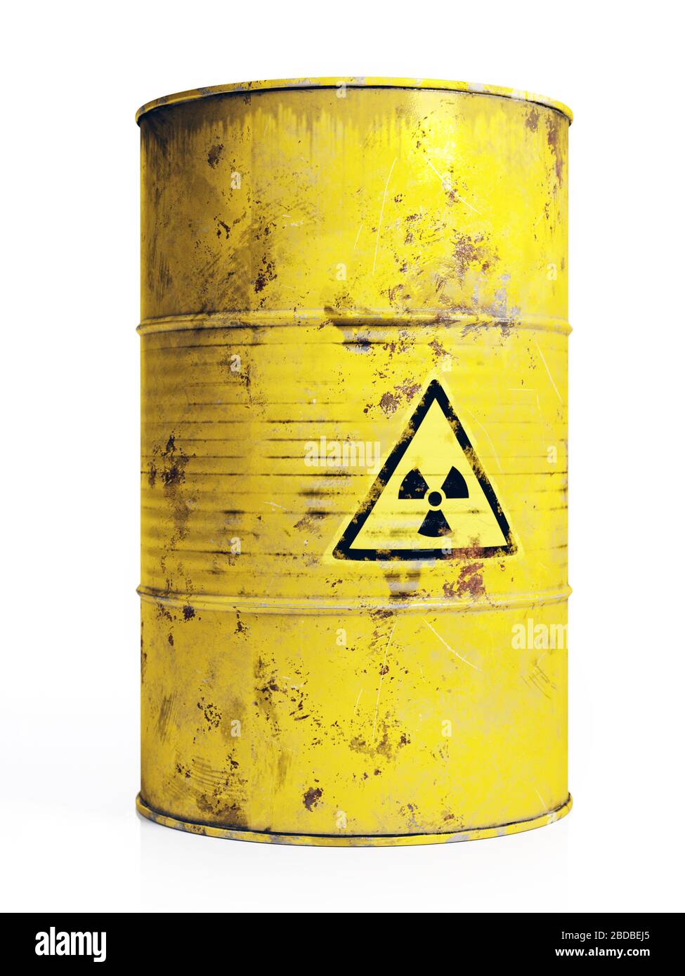 3D render of yallow metal barrel with radioactive substance on white background Stock Photo