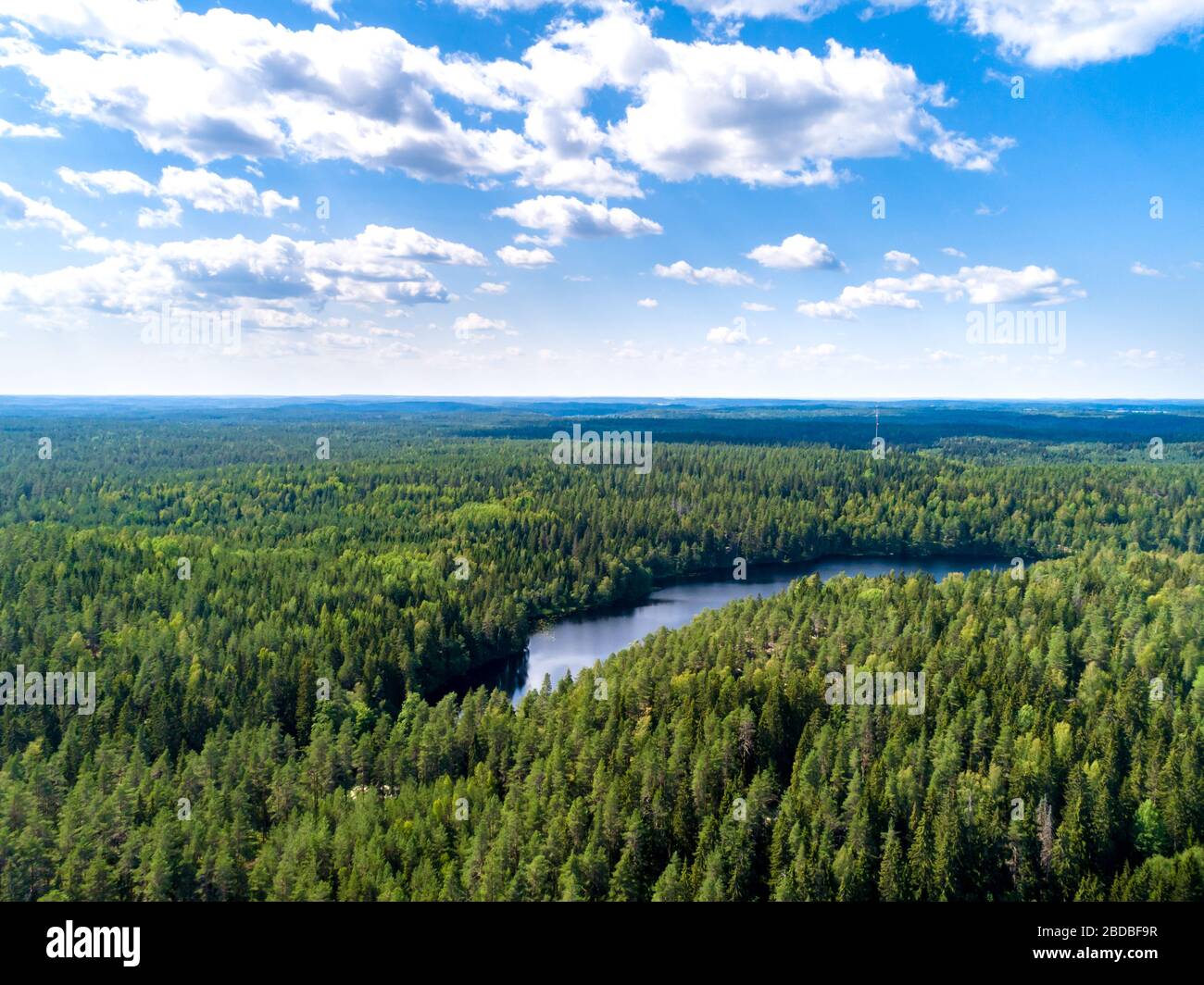 Aerial view of blue lakes and green forests on a sunny summer day in Finland. Stock Photo