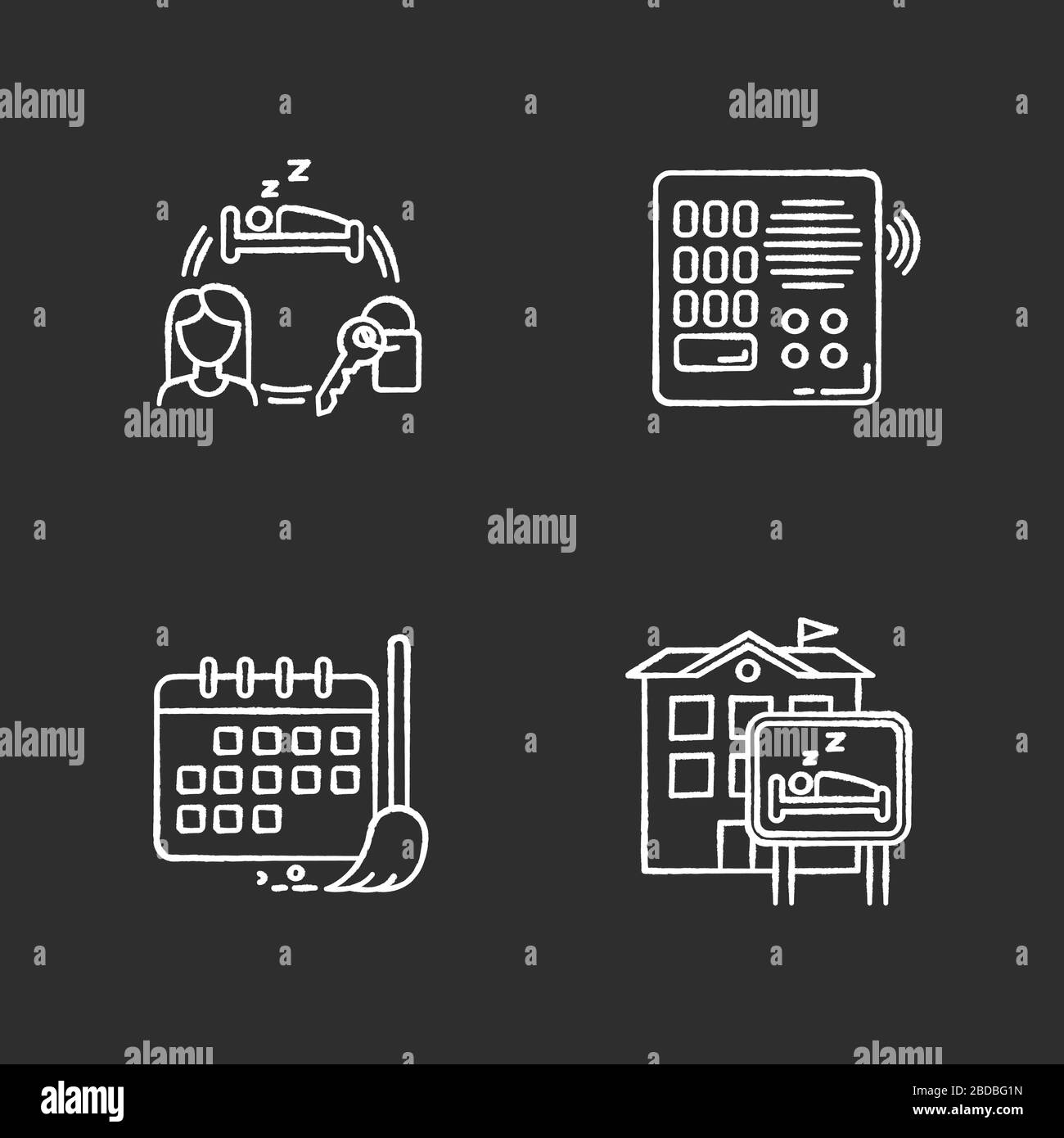 Hostel chalk white icons set on black background. Renting room for ...