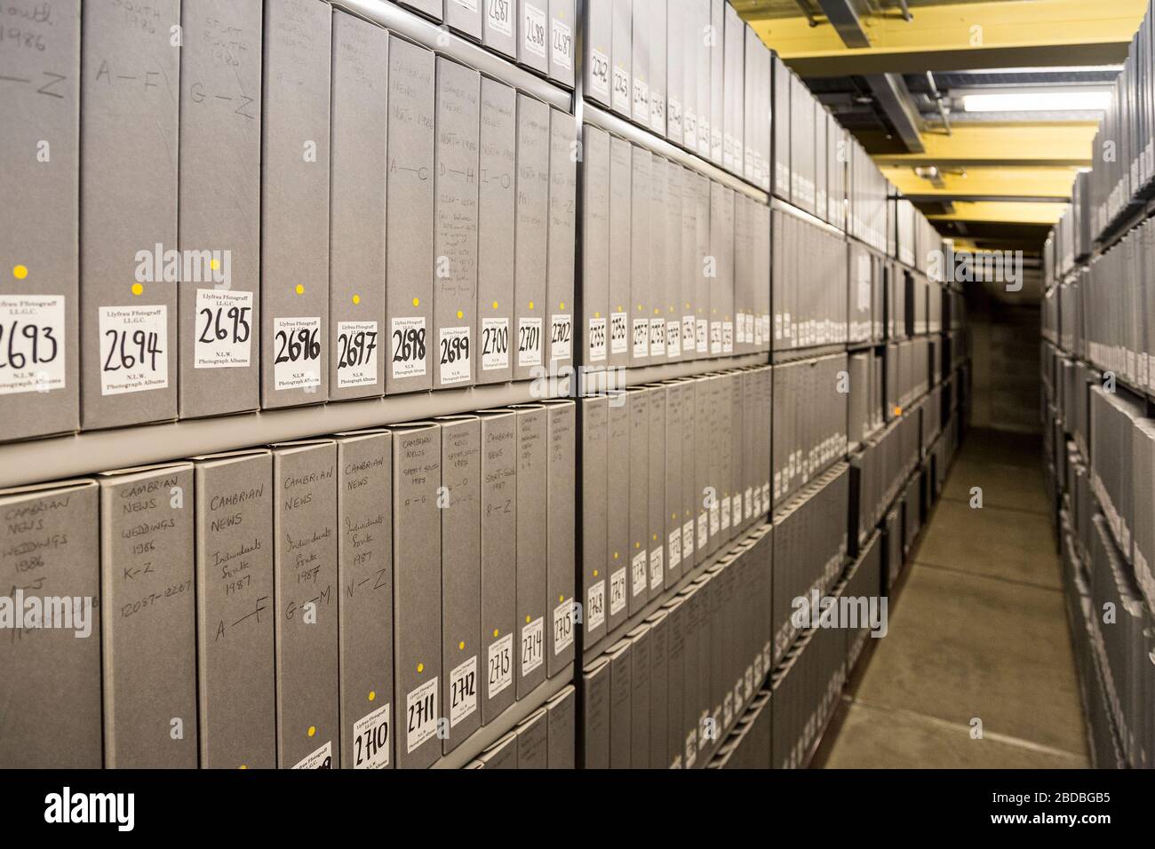 Storage shelves with archival boxes, National Library of Wales, Aberystwyth, Wales, UK Stock Photo
