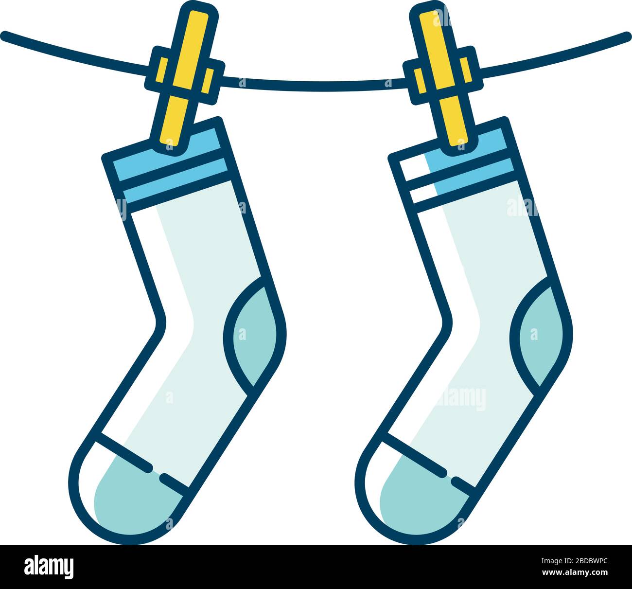 Outside drying blue and yellow RGB color icon. Laundry, clothesline, outdoors clothes drying. Socks hanging on clothesline, clean clothing, washed Stock Vector