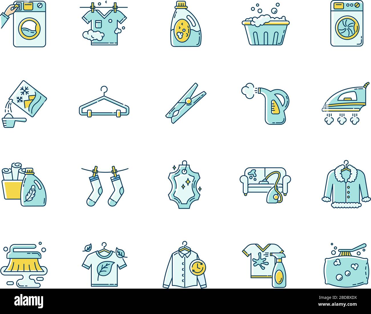 Laundry types and equipment blue and yellow RGB color icons set