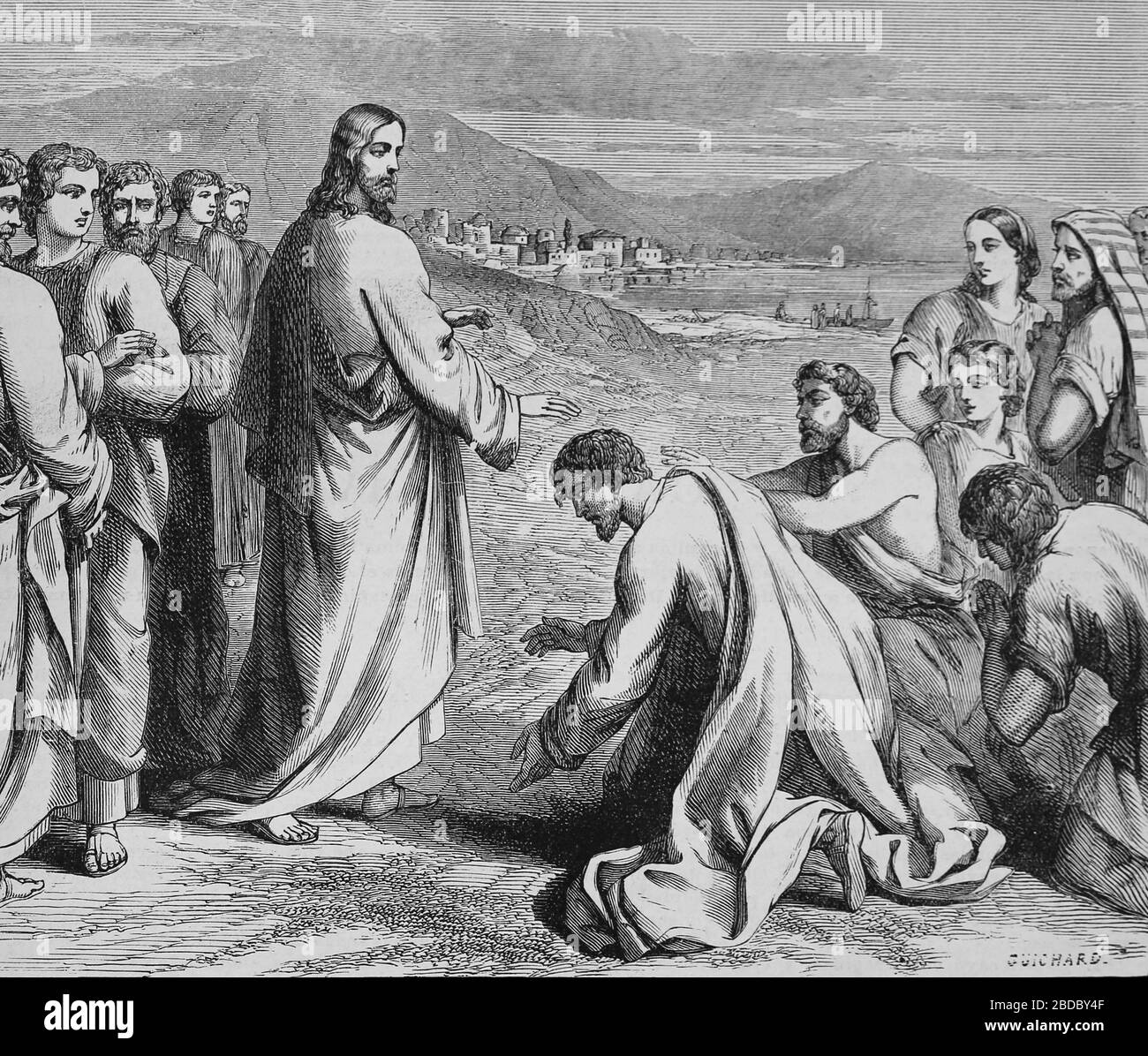 New Testament.  Jesus healing the sick. Engraving, 19th century. Stock Photo