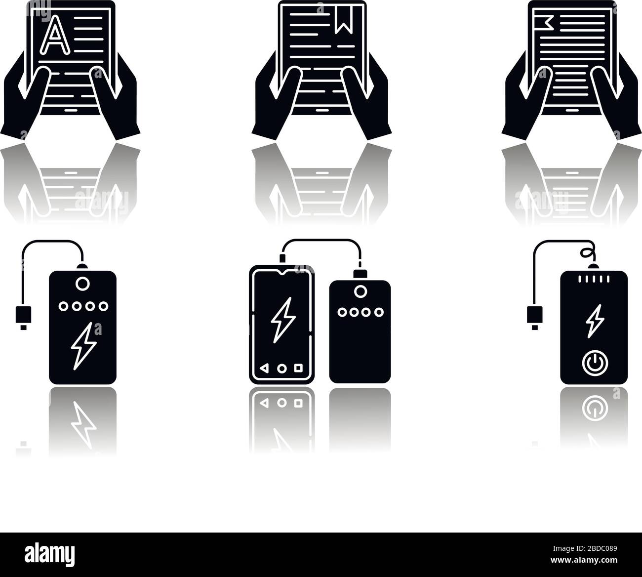 Portable electronic devices drop shadow black glyph icons set. Power bank. Portable battery. Pocket charging gadget. Hands holding e-readers, tablets Stock Vector