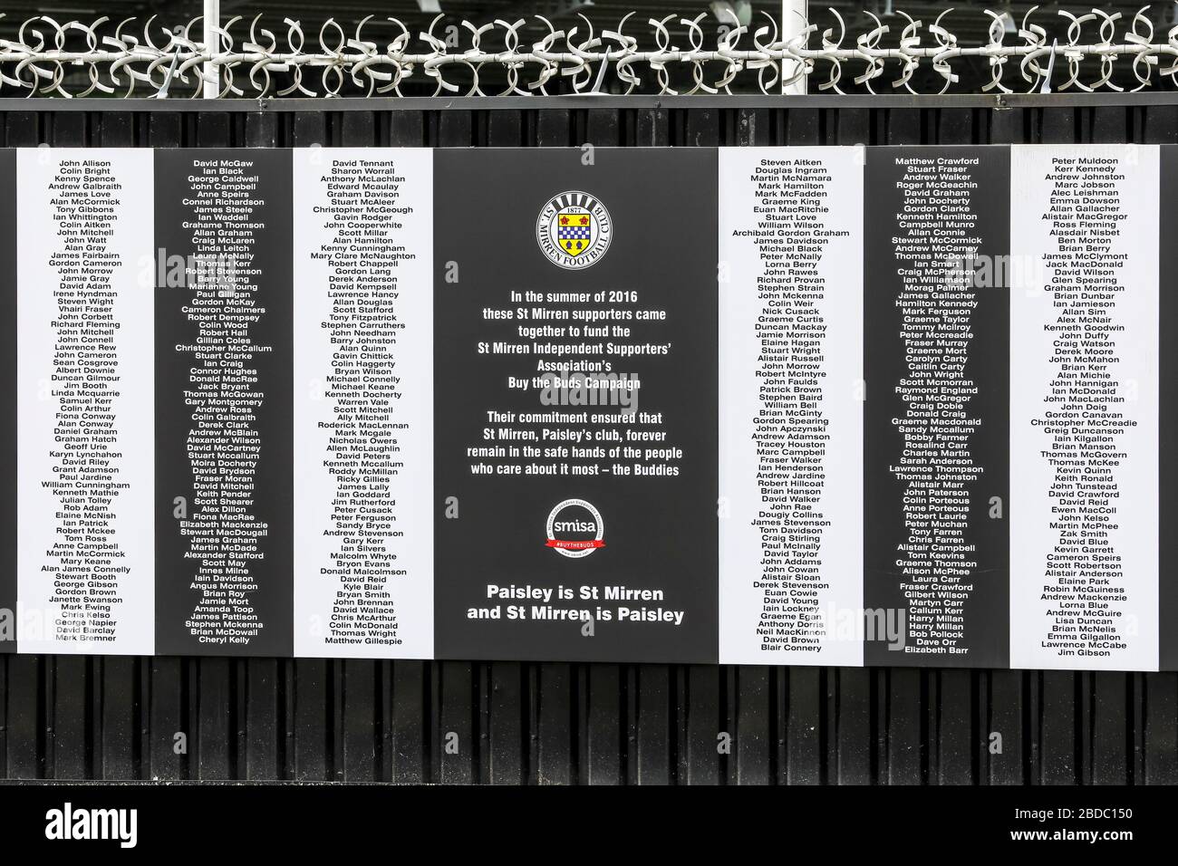 St Mirren football club, Paisley, Scotland, Wall plaque listing the names of some of the supporters who contributed to the clubs financial survival Stock Photo