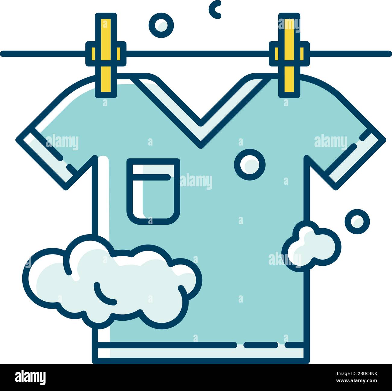 Outdoor drying blue and yellow RGB color icon. Laundry, clothesline, outside clothes drying. T-shirt hanging on rope, clean summer clothing, washed Stock Vector