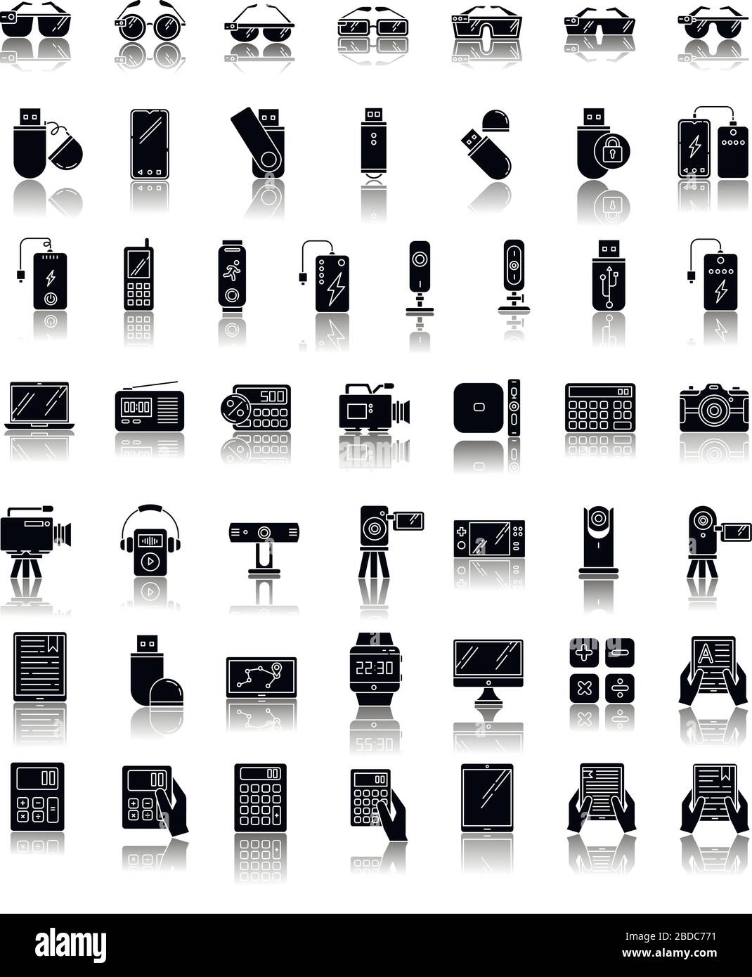 Mobile devices drop shadow black glyph icons set. Handheld electronic gadgets. Smart technology. Smartphone, laptop, computer. E-reader, camera Stock Vector