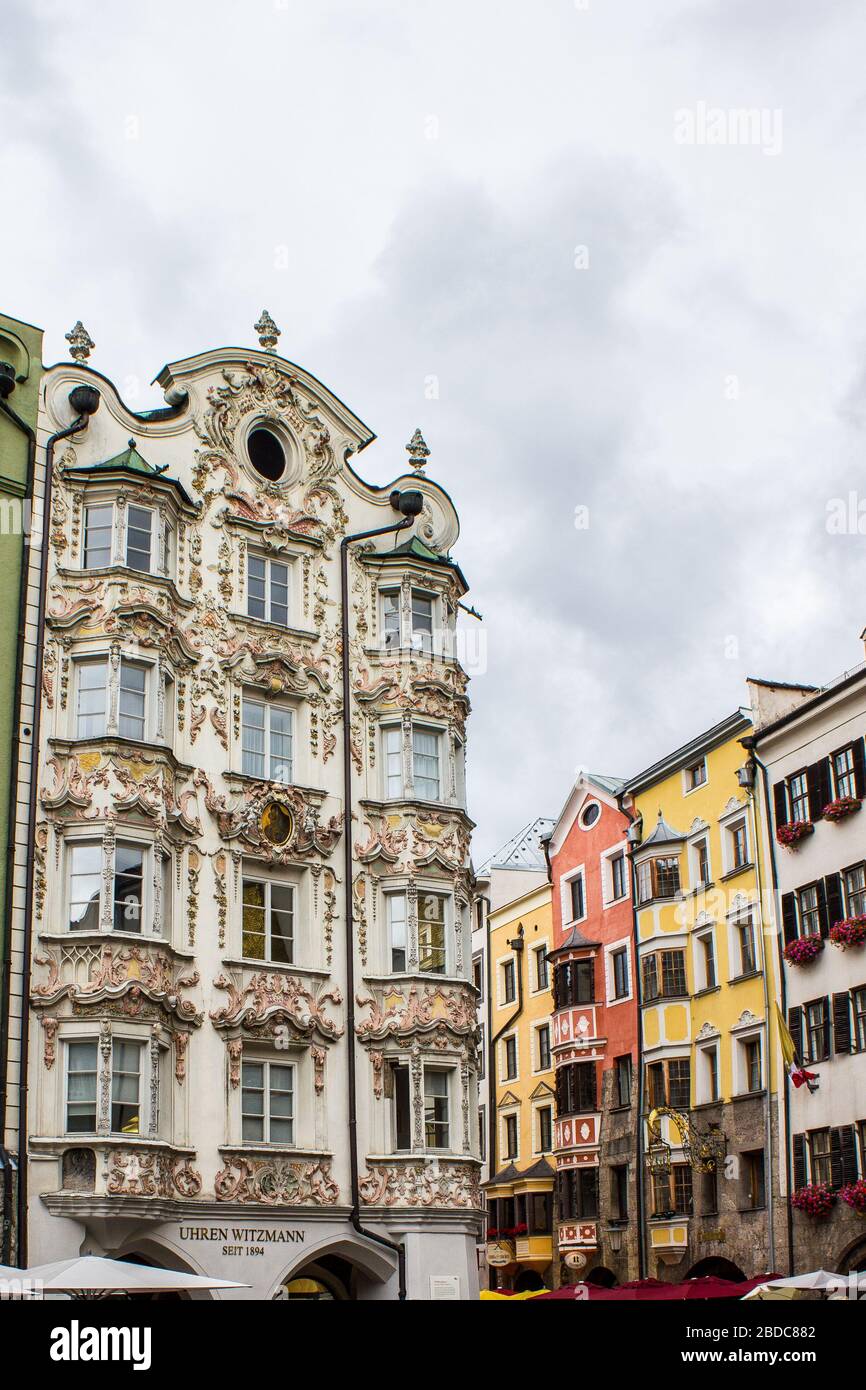 Innsbruck, Austria - August 12, 2019: View of Helbling House in the Old Town of Innsbruck. Stock Photo