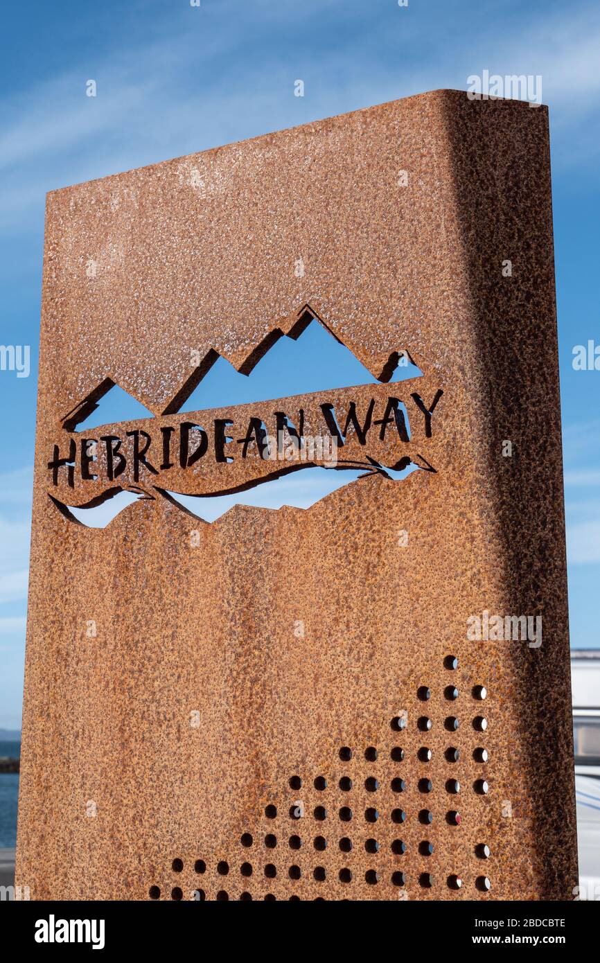 Hebridean Way cycle track and path sign made from iron. At Leverburgh Idle of Harris. The Outer Hebrides, Scotland. UK. Stock Photo