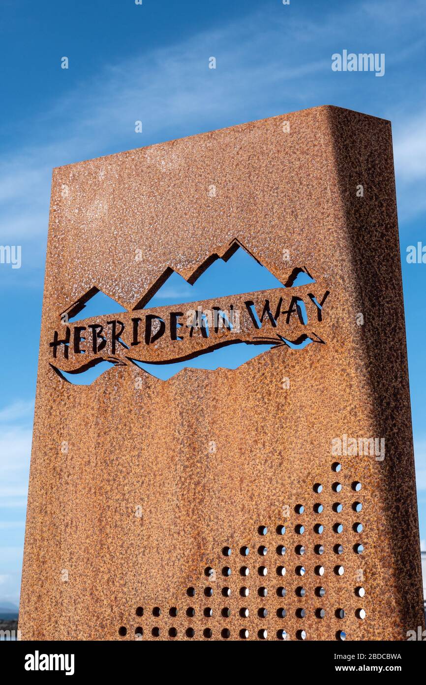Hebridean Way cycle track and path sign made from iron. At Leverburgh Idle of Harris. The Outer Hebrides, Scotland. UK. Stock Photo