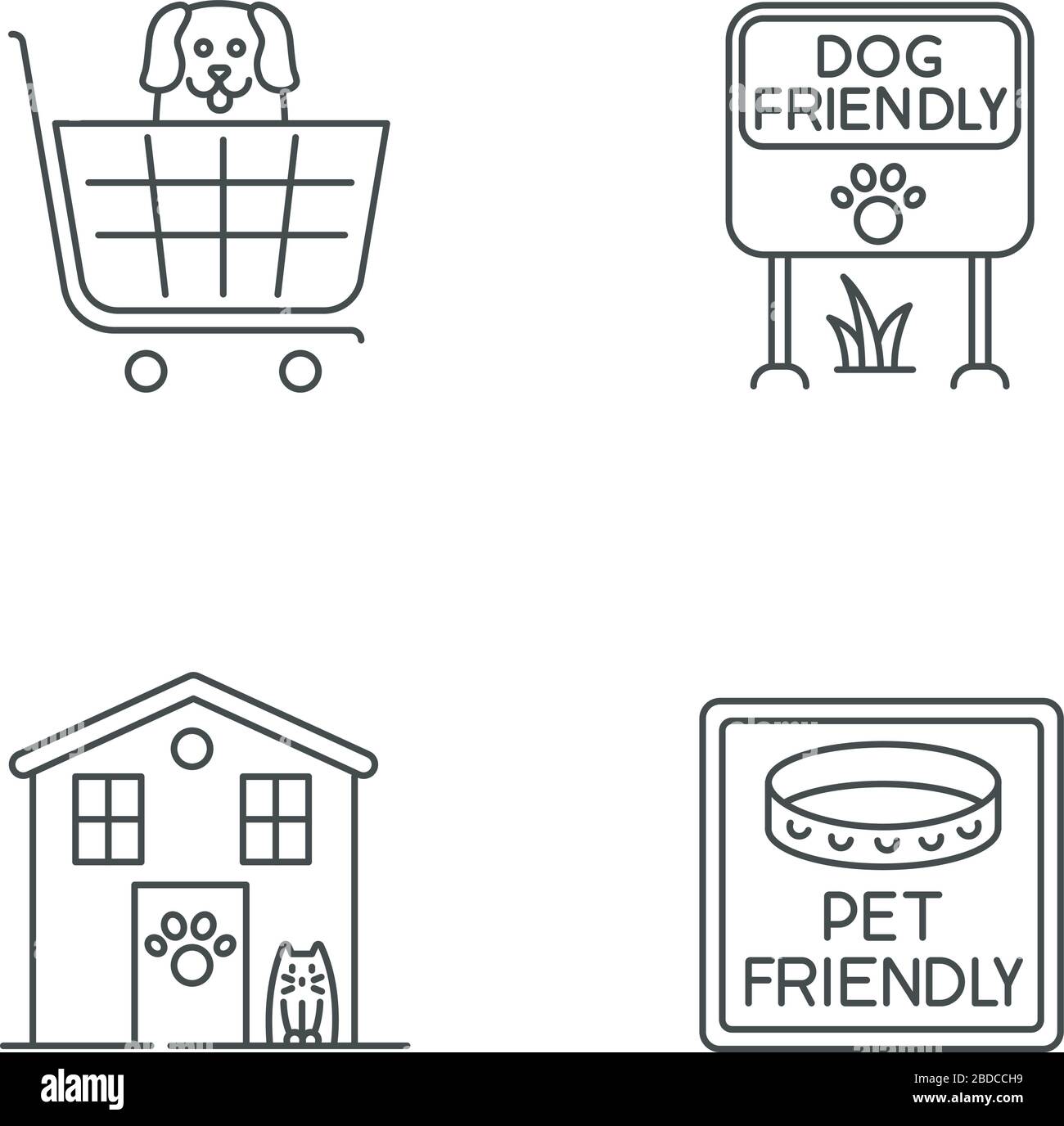 Pet friendly areas pixel perfect linear icons set. Four-legged friends welcome shops and houses. Customizable thin line contour symbols. Isolated Stock Vector