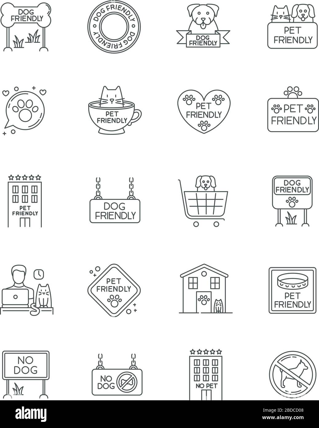 Pet friendly signs pixel perfect linear icons set. Cats and dogs