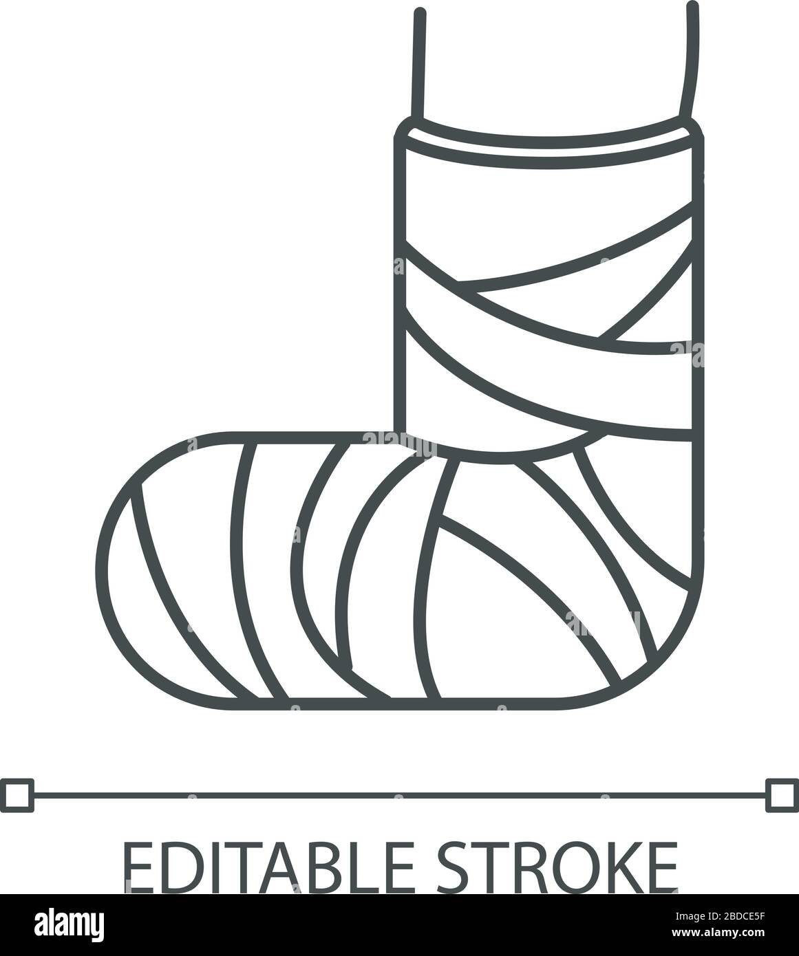 Broken foot pixel perfect linear icon. Bone fracture. Injured leg in plaster. Amputated limb. Thin line customizable illustration. Contour symbol Stock Vector