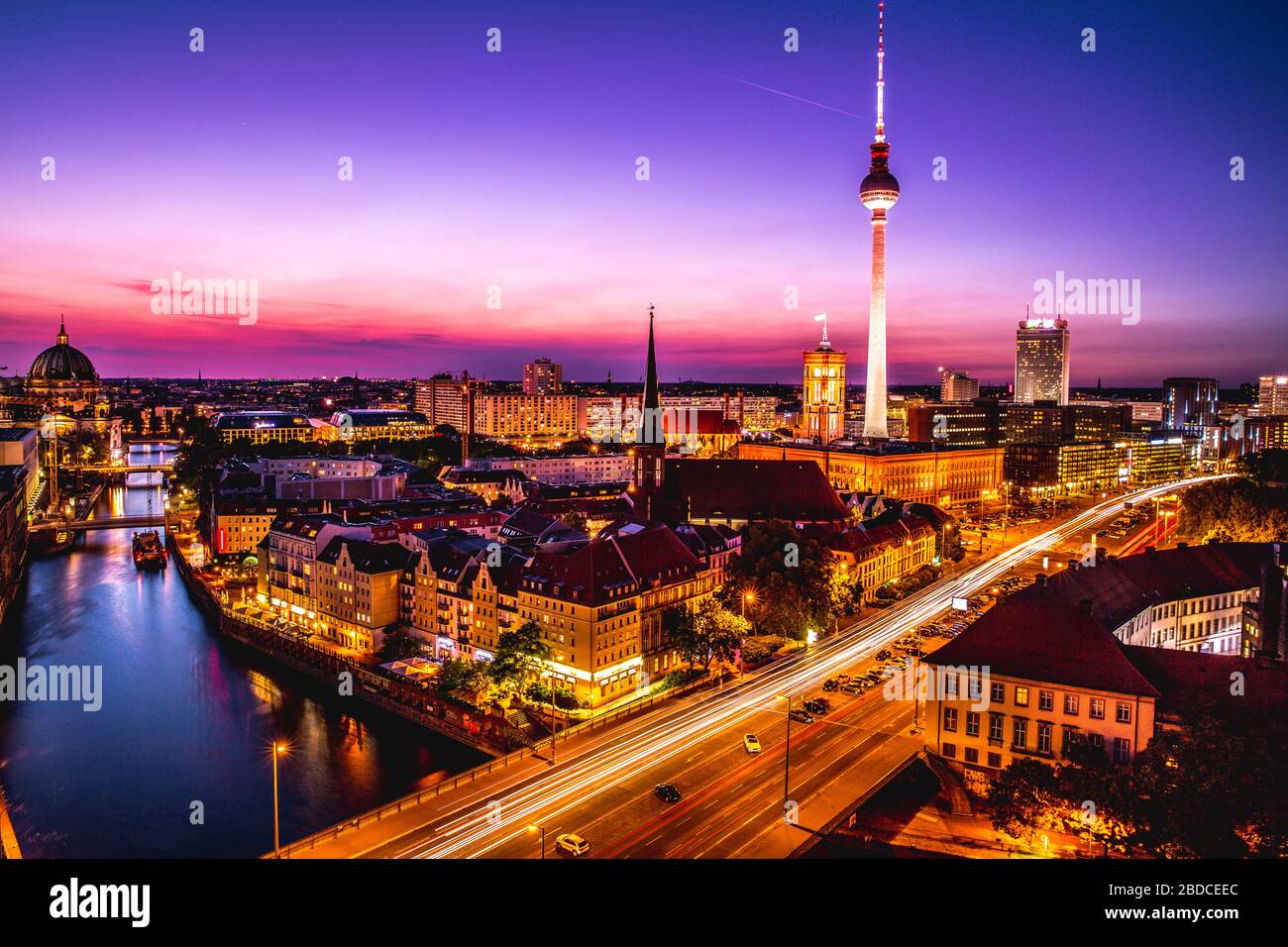 Aerial view of Berlin skyline and Spree river  at sunset , Germany Stock Photo