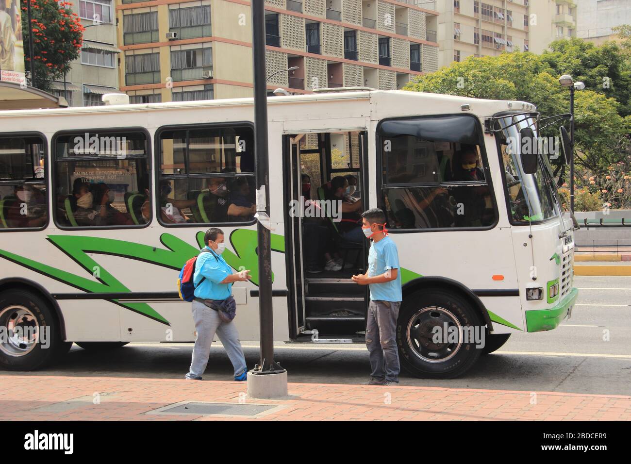 Caracas, Venezuela March 31, 2020: Caracas residents asked to wear mask and gloves in public transportation during the coronavirus (COVID-19) outbreak Stock Photo