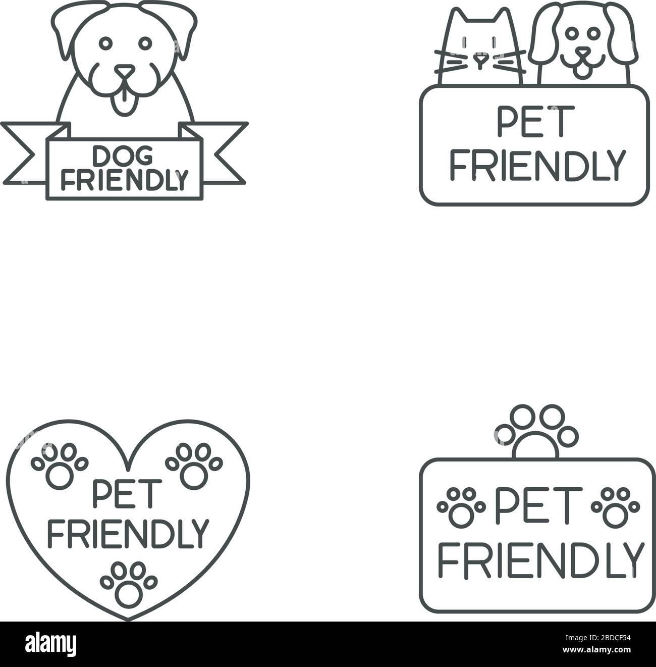 Pet friendly service pixel perfect linear icons set. Animals grooming salon, cats and dogs allowed areas.Customizable thin line contour symbols Stock Vector