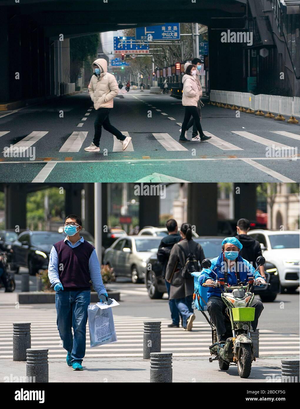 (200408) -- WUHAN, April 8, 2020 (Xinhua) -- Combo photo shows pedestrains crossing the road at a street in Hankou District of Wuhan, central China's Hubei Province on Jan. 26, 2020 (upper) and on April 8, 2020.  With long lines of cars streaming through expressway tollgates and masked passengers boarding trains, the megacity of Wuhan in central China lifted outbound travel restrictions on Wednesday after almost 11 weeks of lockdown imposed to stem the COVID-19 outbreak (Xinhua/Xiong Qi) Stock Photo