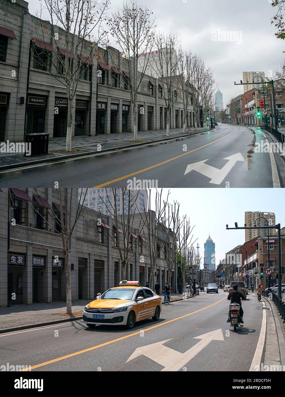 (200408) -- WUHAN, April 8, 2020 (Xinhua) -- Combo photo shows the Zhongshan Avenue in Wuhan, central China's Hubei Province on Jan. 26, 2020 (upper) and on April 8, 2020.  With long lines of cars streaming through expressway tollgates and masked passengers boarding trains, the megacity of Wuhan in central China lifted outbound travel restrictions on Wednesday after almost 11 weeks of lockdown imposed to stem the COVID-19 outbreak (Xinhua/Xiong Qi) Stock Photo