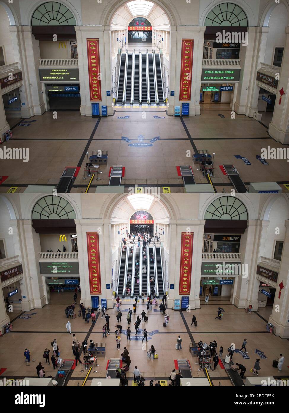 (200408) -- WUHAN, April 8, 2020 (Xinhua) -- Combo photo shows the view of the entrance hall of the Hankou Railway Station in Wuhan, central China's Hubei Province on April 7, 2020 (upper) and on April 8, 2020.  With long lines of cars streaming through expressway tollgates and masked passengers boarding trains, the megacity of Wuhan in central China lifted outbound travel restrictions on Wednesday after almost 11 weeks of lockdown imposed to stem the COVID-19 outbreak (Xinhua/Xiao Yijiu) Stock Photo