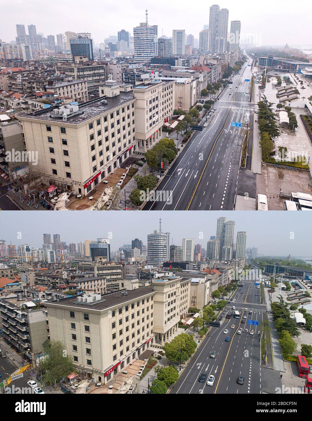 (200408) -- WUHAN, April 8, 2020 (Xinhua) -- Combo aerial photo shows the Yanjiang Avenue in Hankou District of Wuhan, central China's Hubei Province on Jan. 26, 2020 (upper) and on April 8, 2020.  With long lines of cars streaming through expressway tollgates and masked passengers boarding trains, the megacity of Wuhan in central China lifted outbound travel restrictions on Wednesday after almost 11 weeks of lockdown imposed to stem the COVID-19 outbreak (Xinhua/Xiong Qi) Stock Photo