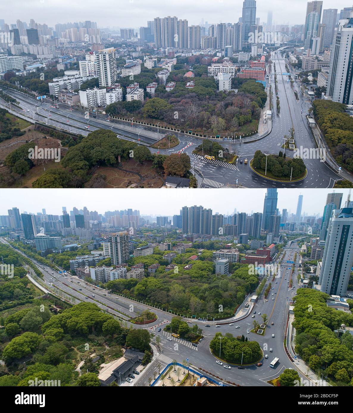 (200408) -- WUHAN, April 8, 2020 (Xinhua) -- Combo aerial photo shows the Xudong Street in Wuhan, central China's Hubei Province on Jan. 26, 2020 (upper) and on April 8, 2020.  With long lines of cars streaming through expressway tollgates and masked passengers boarding trains, the megacity of Wuhan in central China lifted outbound travel restrictions on Wednesday after almost 11 weeks of lockdown imposed to stem the COVID-19 outbreak (Xinhua/Xiong Qi) Stock Photo