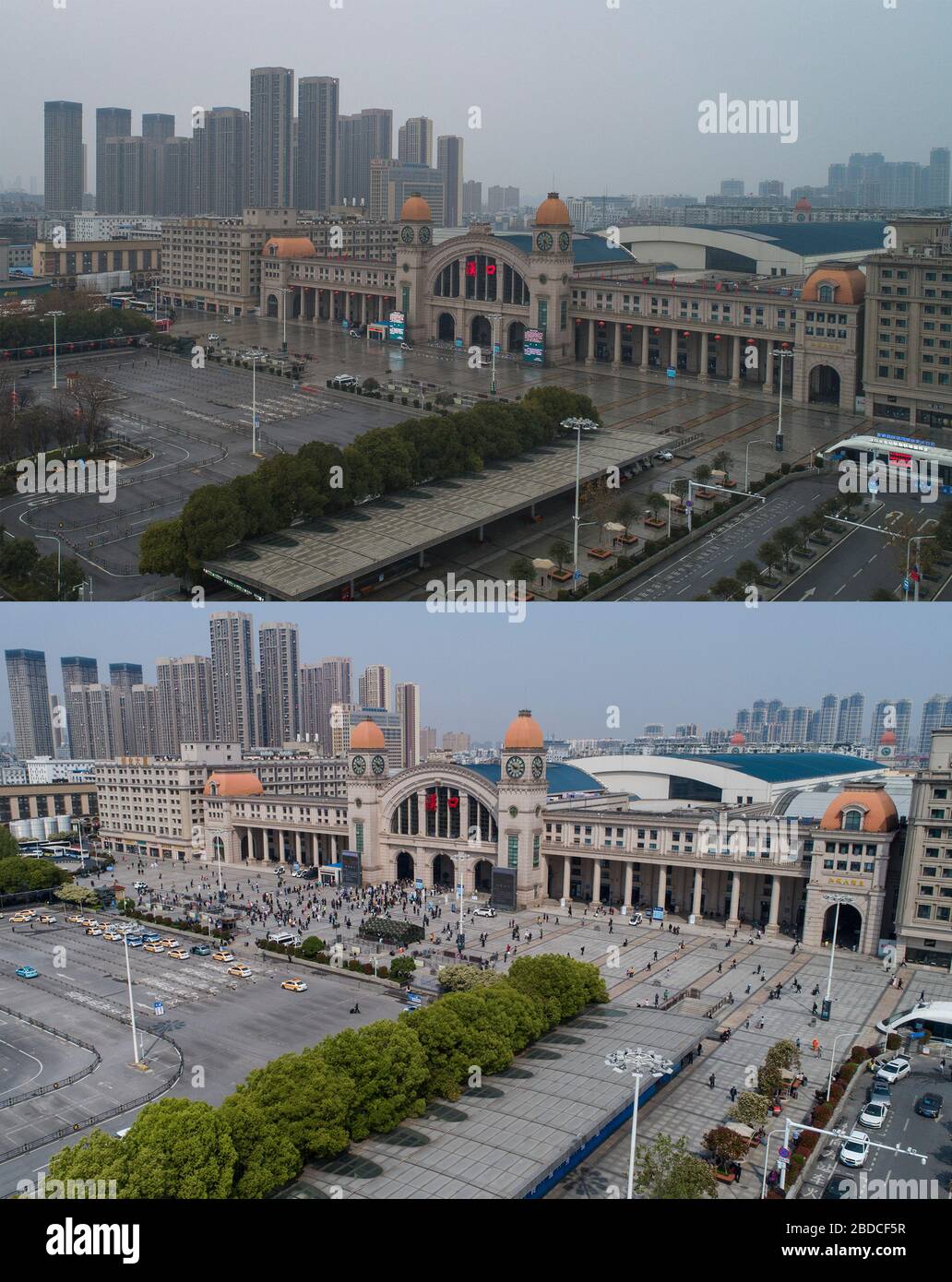 (200408) -- WUHAN, April 8, 2020 (Xinhua) -- Aerial combo photo shows the Hankou Railway Station in Wuhan, central China's Hubei Province on Feb. 10, 2020 (upper) and on April 8, 2020.  With long lines of cars streaming through expressway tollgates and masked passengers boarding trains, the megacity of Wuhan in central China lifted outbound travel restrictions on Wednesday after almost 11 weeks of lockdown imposed to stem the COVID-19 outbreak (Xinhua/Xiao Yijiu) Stock Photo