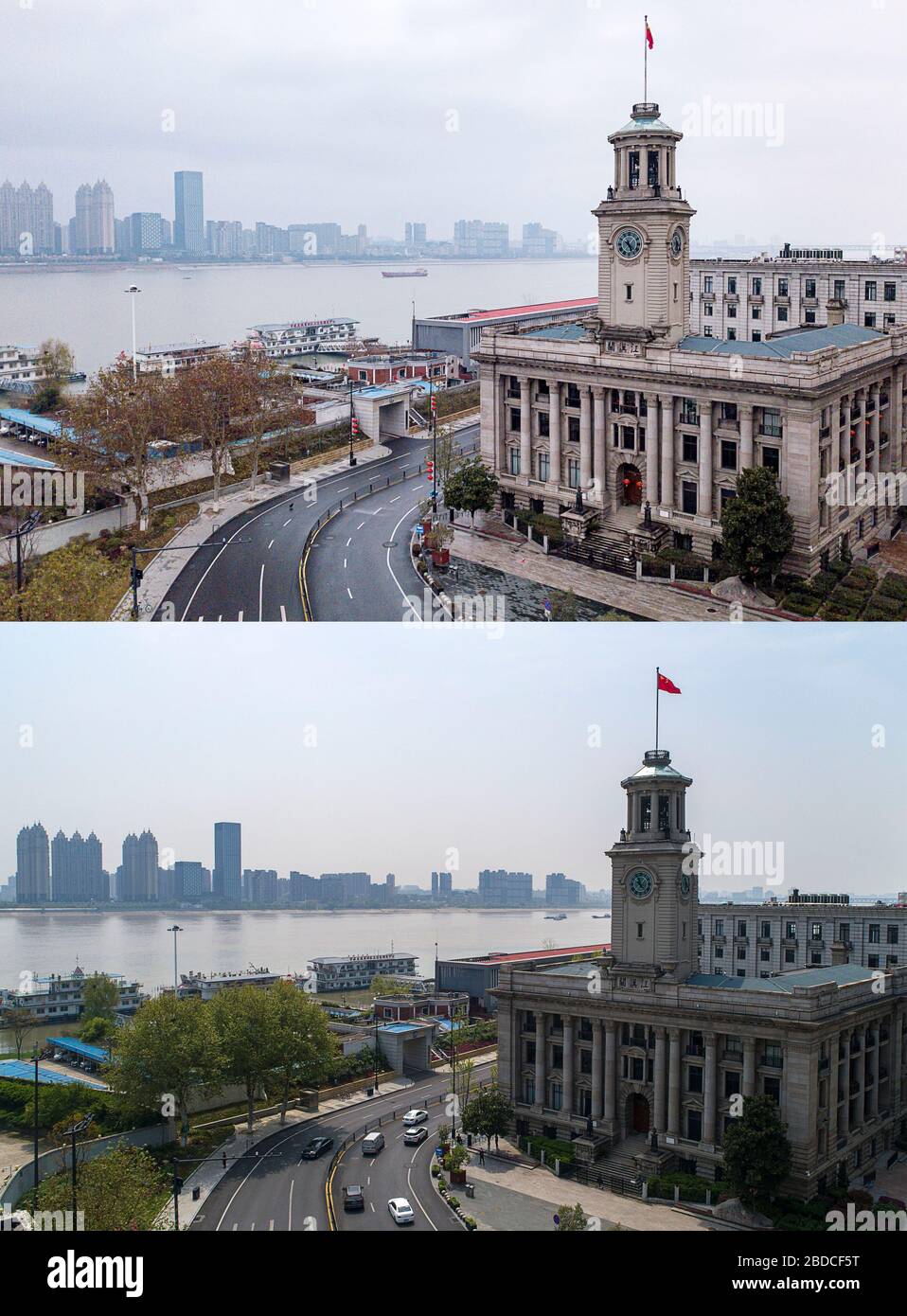 (200408) -- WUHAN, April 8, 2020 (Xinhua) -- Aerial combo photo shows the Hankow Customs House in Wuhan, central China's Hubei Province on Jan. 26, 2020 (upper) and on April 8, 2020.  With long lines of cars streaming through expressway tollgates and masked passengers boarding trains, the megacity of Wuhan in central China lifted outbound travel restrictions on Wednesday after almost 11 weeks of lockdown imposed to stem the COVID-19 outbreak (Xinhua/Xiong Qi) Stock Photo