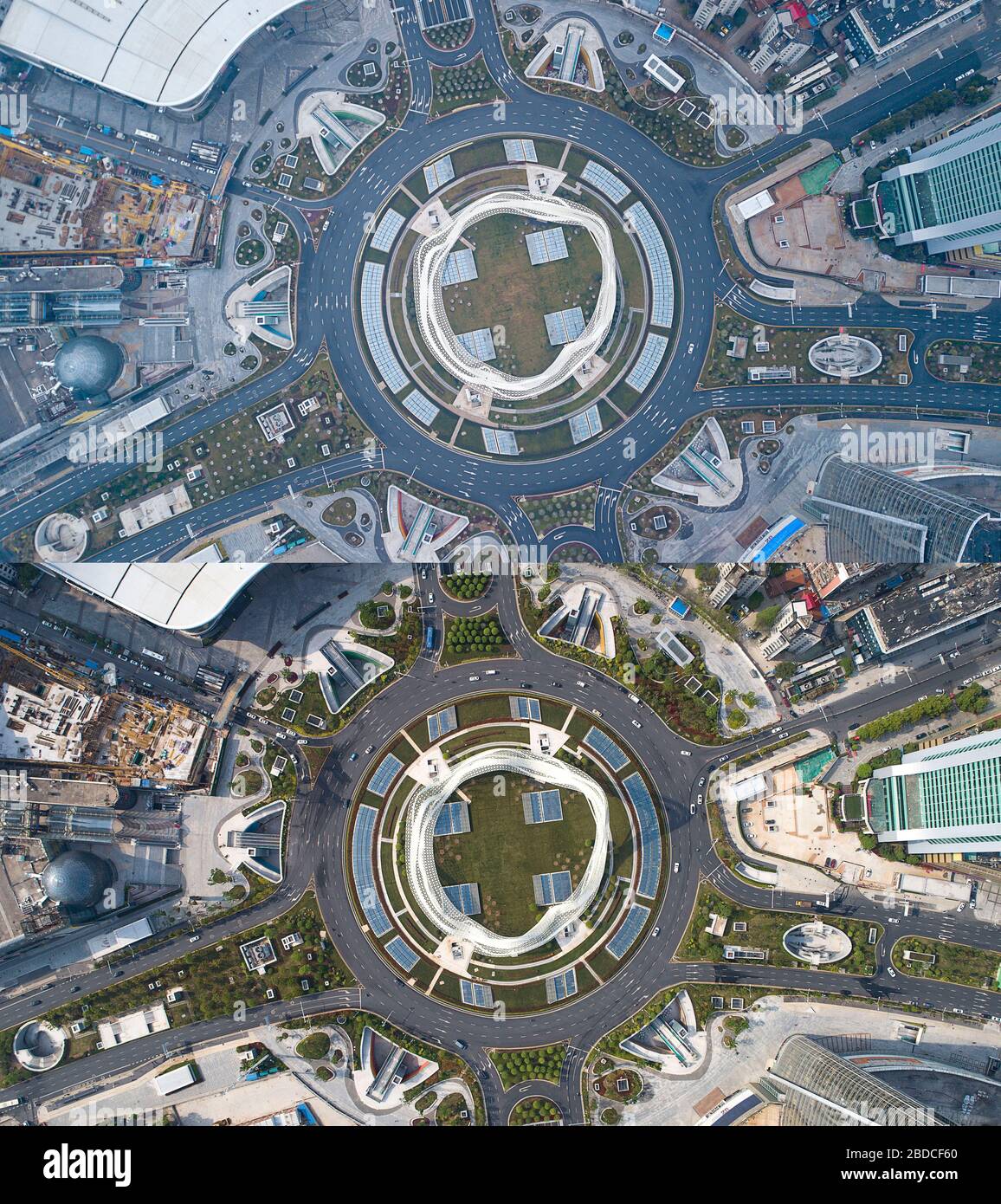 (200408) -- WUHAN, April 8, 2020 (Xinhua) -- Aerial combo photo shows the Optics Valley Square in Wuhan, central China's Hubei Province on Jan. 26, 2020 (upper) and on April 8, 2020.  With long lines of cars streaming through expressway tollgates and masked passengers boarding trains, the megacity of Wuhan in central China lifted outbound travel restrictions on Wednesday after almost 11 weeks of lockdown imposed to stem the COVID-19 outbreak (Xinhua/Xiong Qi) Stock Photo