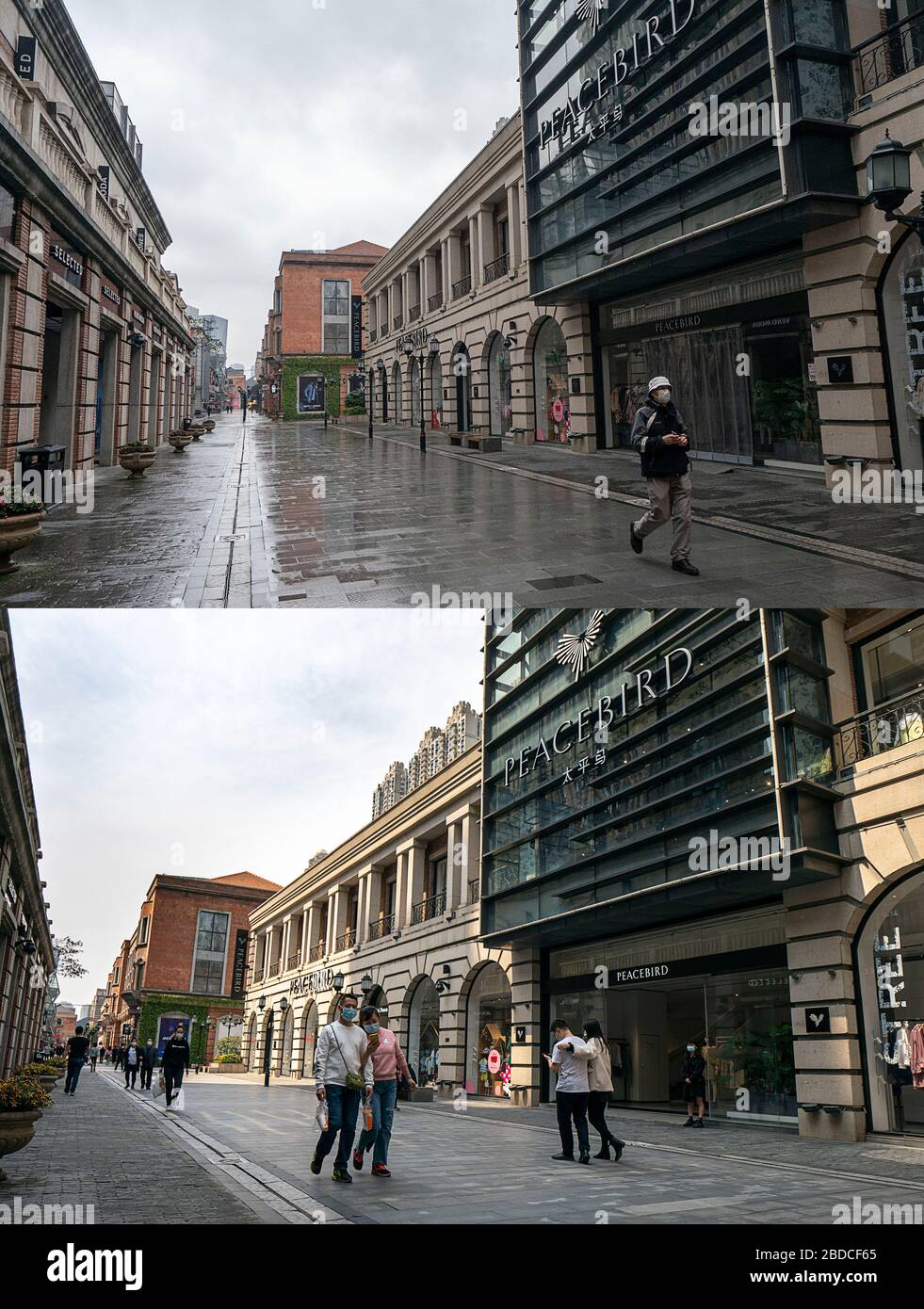 (200408) -- WUHAN, April 8, 2020 (Xinhua) -- Combo photo shows the view of the Chuhehan Street in Wuhan, central China's Hubei Province on Jan. 26, 2020 (upper) and on April 8, 2020.  With long lines of cars streaming through expressway tollgates and masked passengers boarding trains, the megacity of Wuhan in central China lifted outbound travel restrictions on Wednesday after almost 11 weeks of lockdown imposed to stem the COVID-19 outbreak (Xinhua/Xiong Qi) Stock Photo