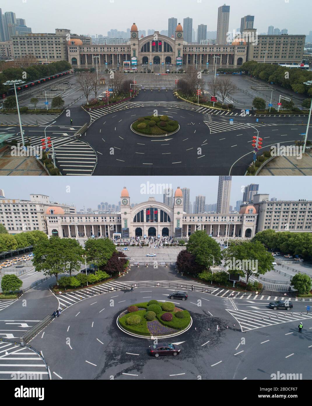 (200408) -- WUHAN, April 8, 2020 (Xinhua) -- Combo aerial photo shows an overall view of the Hankou Railway Station in Wuhan, central China's Hubei Province on Feb. 10, 2020 (upper) and on April 8, 2020.  With long lines of cars streaming through expressway tollgates and masked passengers boarding trains, the megacity of Wuhan in central China lifted outbound travel restrictions on Wednesday after almost 11 weeks of lockdown imposed to stem the COVID-19 outbreak (Xinhua/Xiao Yijiu) Stock Photo