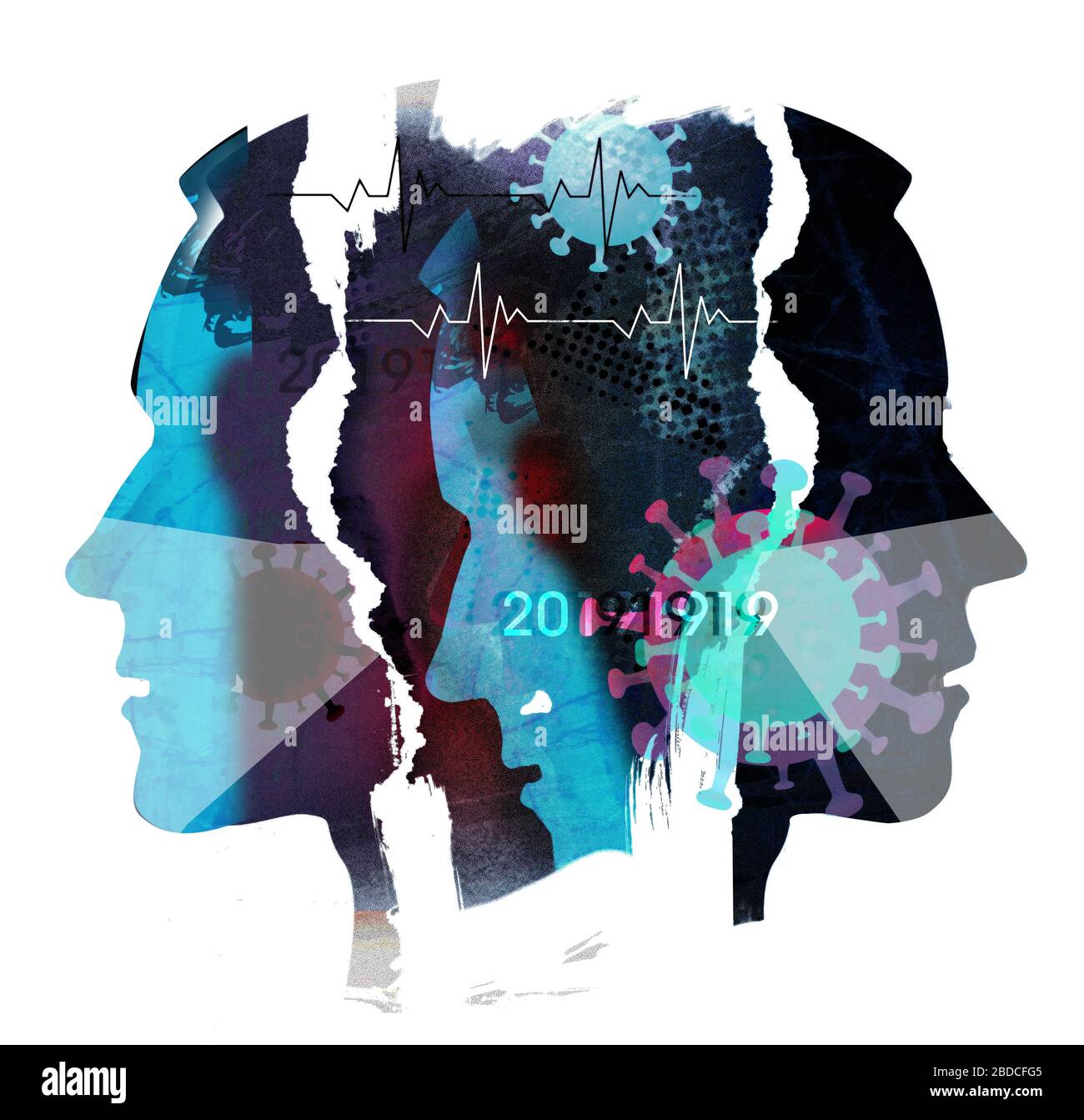 Pandemic of coronavirus, depressed people with face masks.  Male heads, grunge expressive black collage of stylized silhouettes shown in profile. Stock Photo