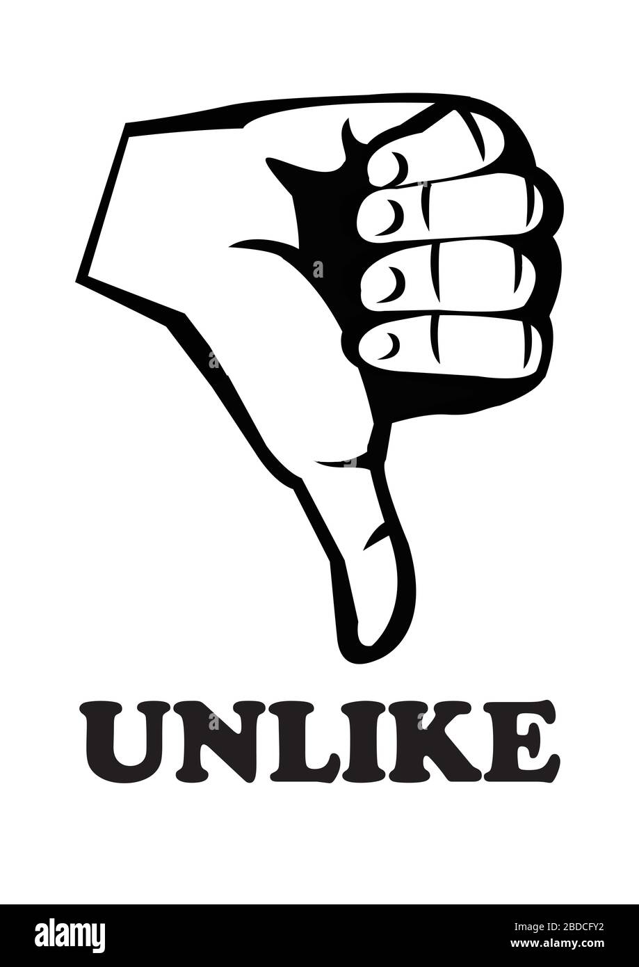 Human hand in rude thumbs down gesture with text unlike in black and white. Vector illustration Stock Vector