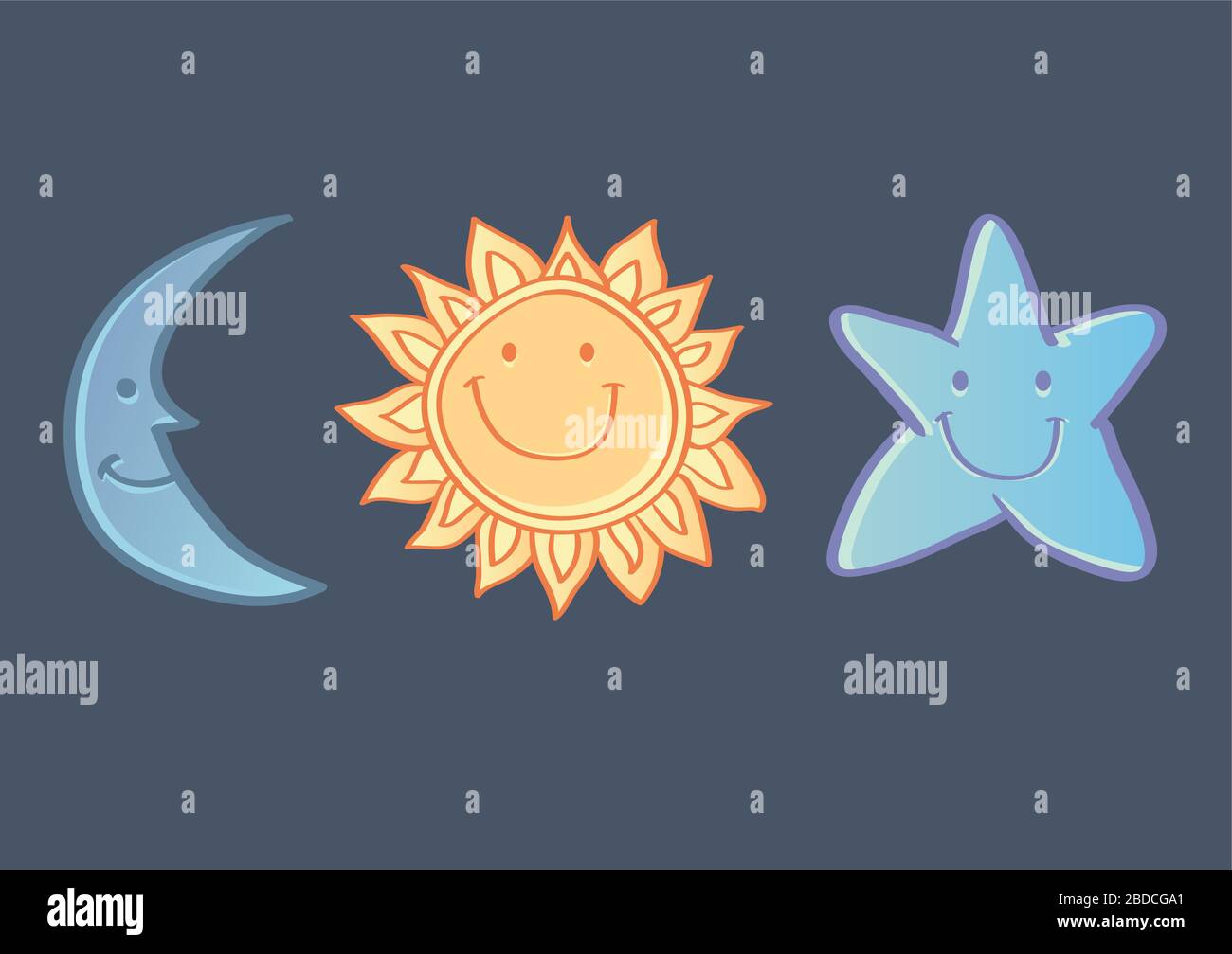 Vector Cartoon Illustration Of Happy Smiling Crescent Moon Sun And Stars On Dark Blue Background Stock Vector Image Art Alamy