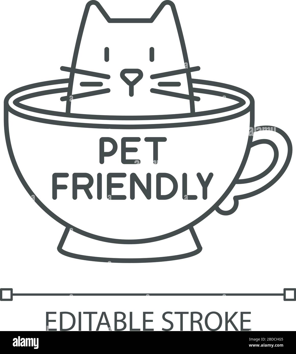 Cat friendly cafe pixel perfect linear icon. Kitten permitted food service establishment. Thin line customizable illustration. Contour symbol. Vector Stock Vector