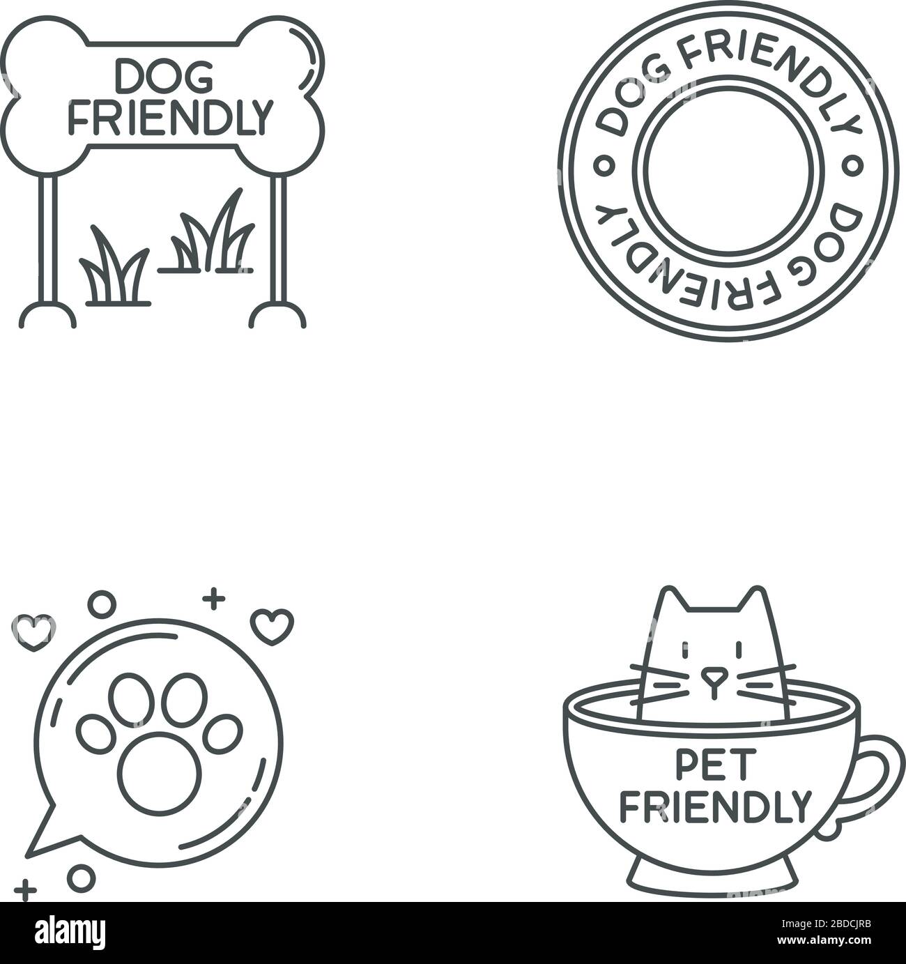 Cat and dog friendly areas emblems pixel perfect linear icons set. Kitty and doggy welcome. Customizable thin line contour symbols. Isolated vector Stock Vector