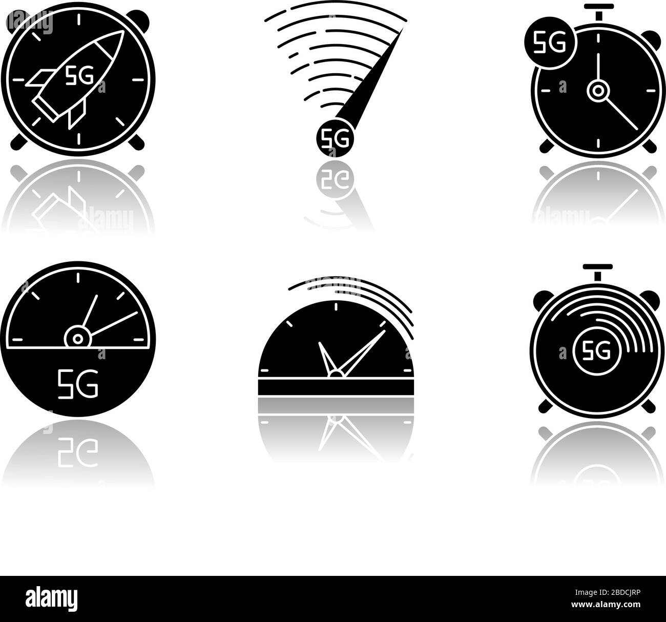 5G fast speed connection drop shadow black glyph icons set. Stop-watches, speedometer. Mobile cellular network. Low latency Internet access. Isolated Stock Vector