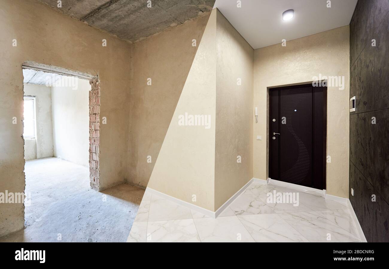 Snapshot of a corridor in a big apartment, before and after renovation works, contrasted black wall in a light hallway, dark door on a light wall Stock Photo