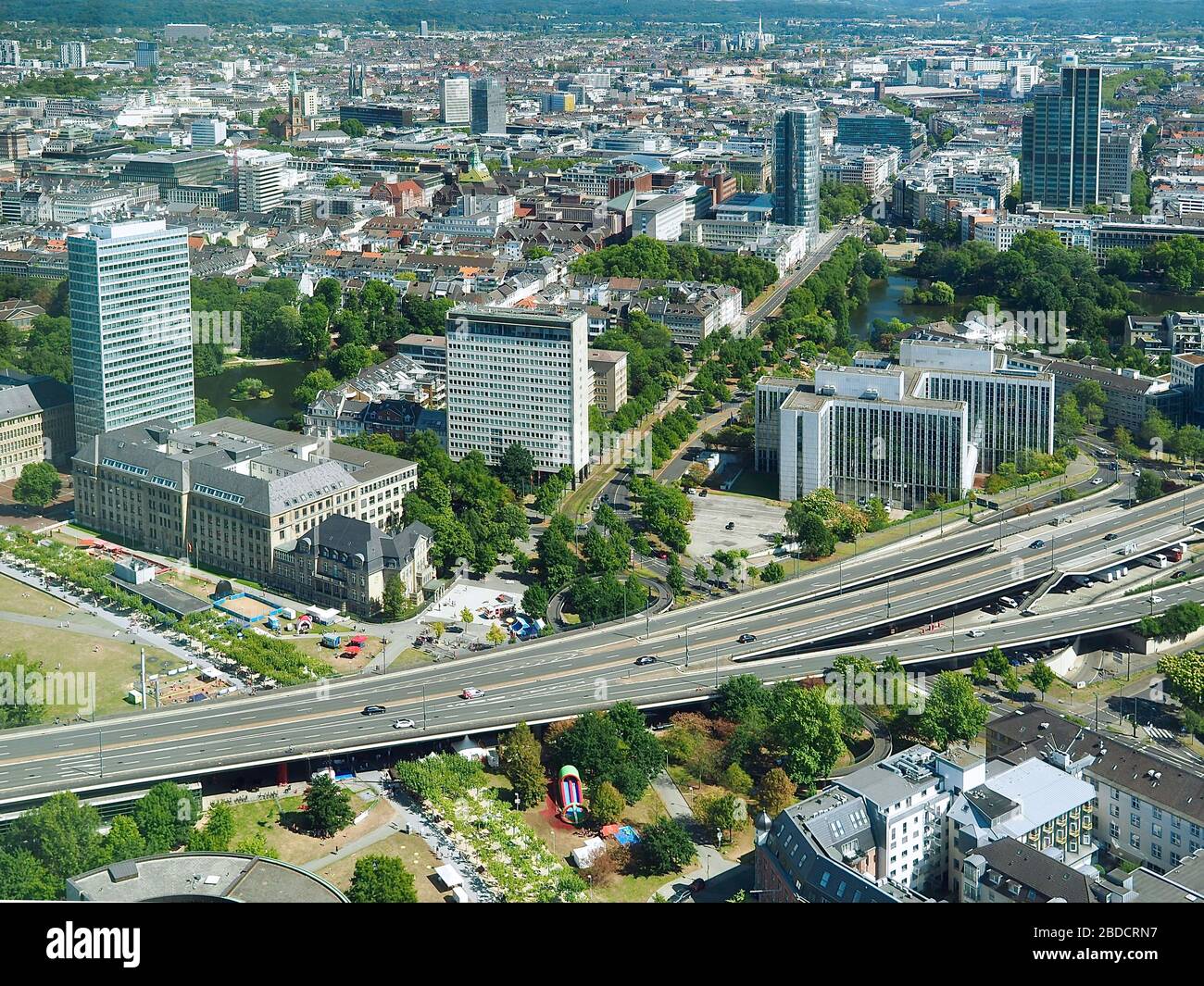 Aerial view of Duesseldorf in Germany seen from the Rhine tower at the