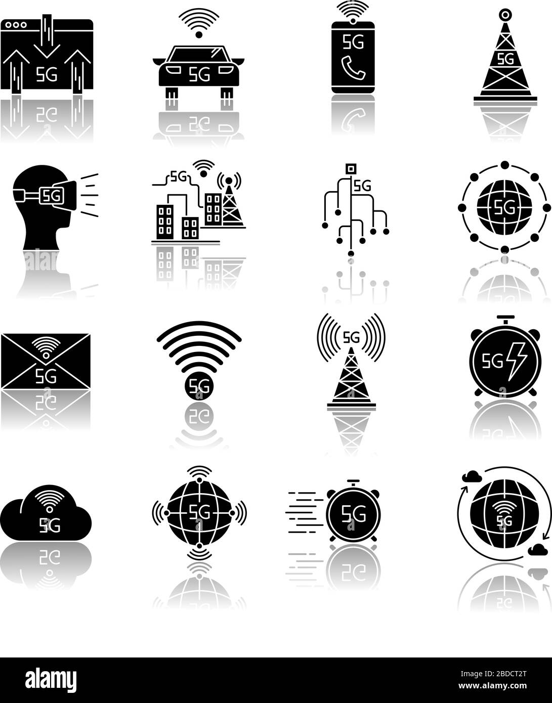 5G technology drop shadow black glyph icons set. Mobile cellular ...