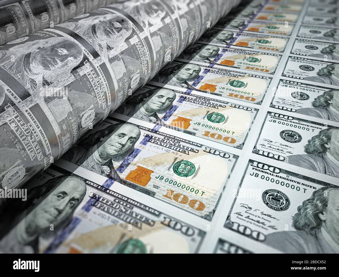Money printing machine printing 100 dollar banknotes. 3D illustration Stock  Photo - Alamy