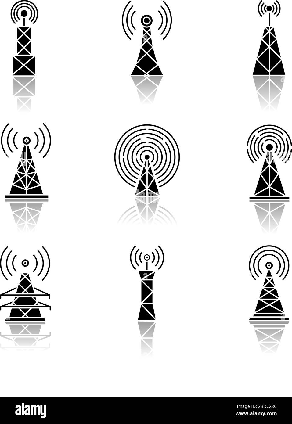 5G cell towers and antennas drop shadow black glyph icons set. Wireless technology. Fast connection. Mobile network coverage. Telecommunication Stock Vector