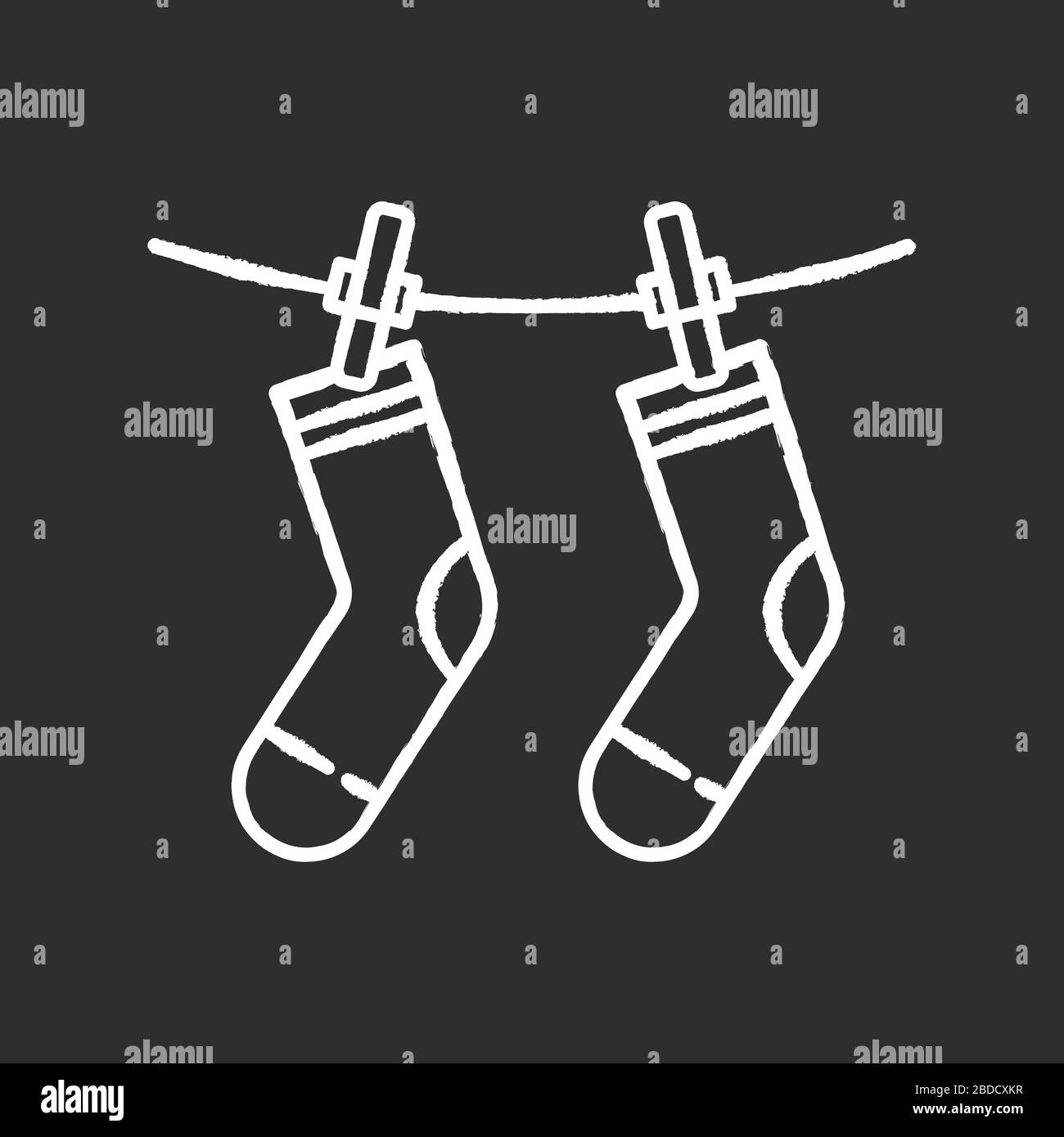 Outside drying chalk white icon on black background. Laundry, outdoors clothes drying. Socks hanging on clothesline, clean clothing, washed garment Stock Vector
