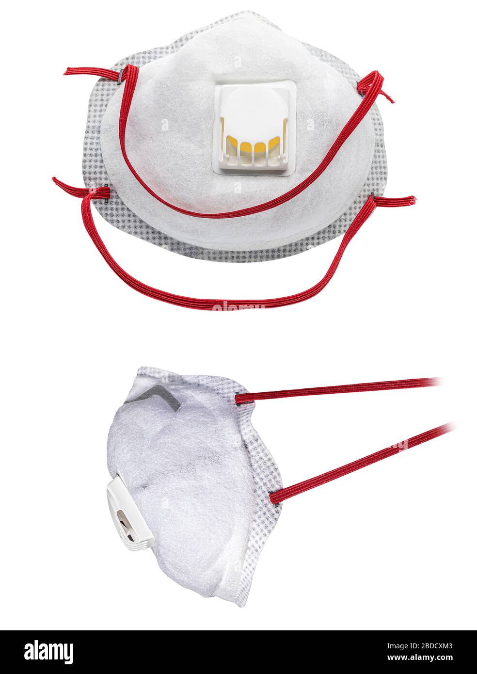 View of Disposable Respirator Mask FFP3, FFP2. Protection against Covid-19, particles, gases. Fine dust medical mask FFP 3 with breathing valve Stock Photo